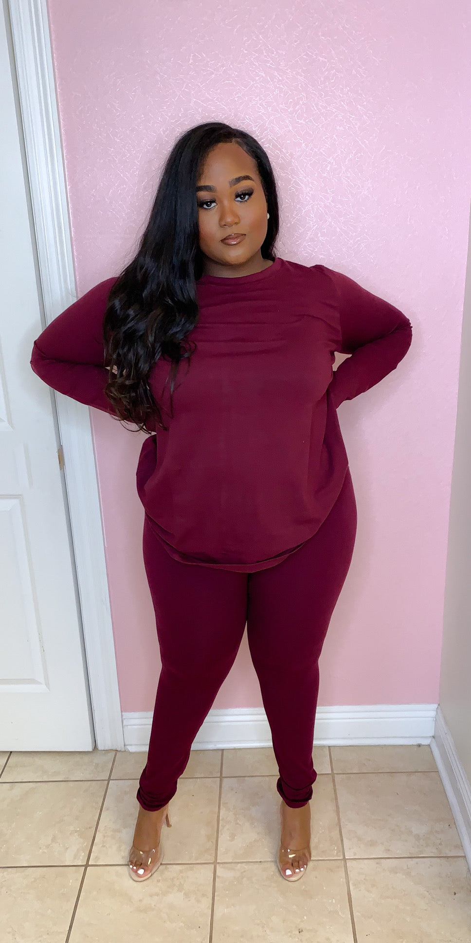 Crew Neck Set - Burgundy (Plus Size)